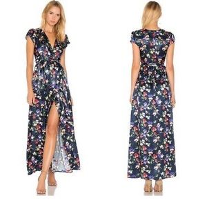 Tularosa Sid Floral Wrap Maxi Dress Size S Blue Satin Short Sleeve